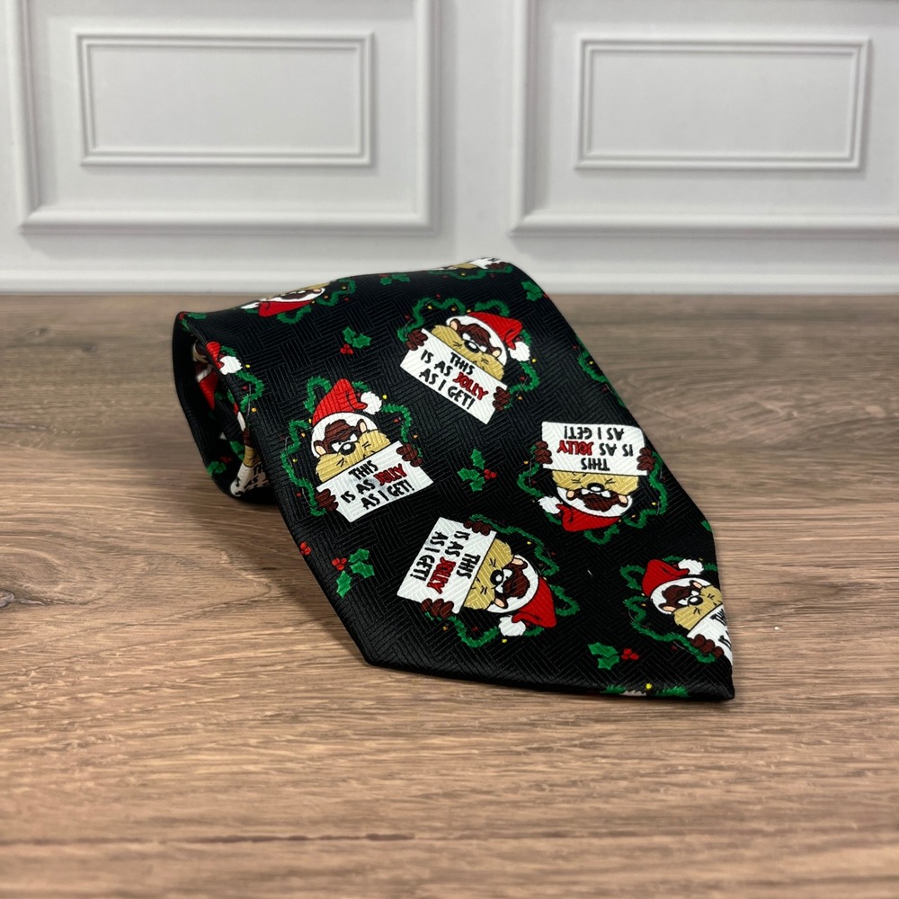 Looney Tunes Taz Christmas Necktie Mens Black Jolly As I Get Holiday Tie OS